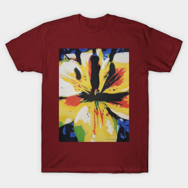 abstract painting of yellow, red and black flower T-Shirt by pollywolly